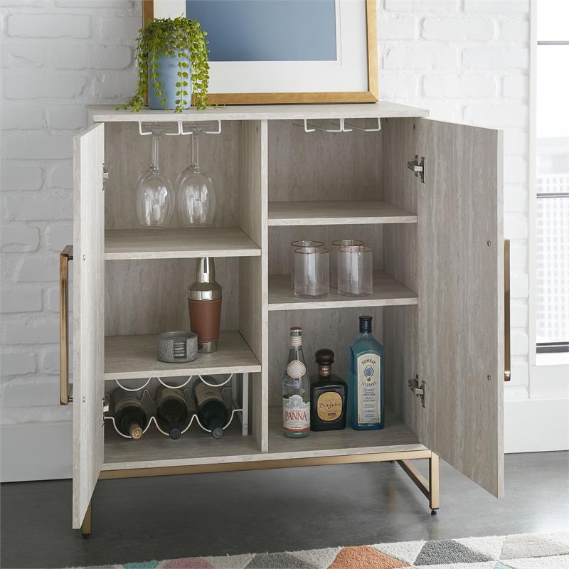 Pemberly Row Modern Faux Marble and Gold Metal Base Wine Cabinet