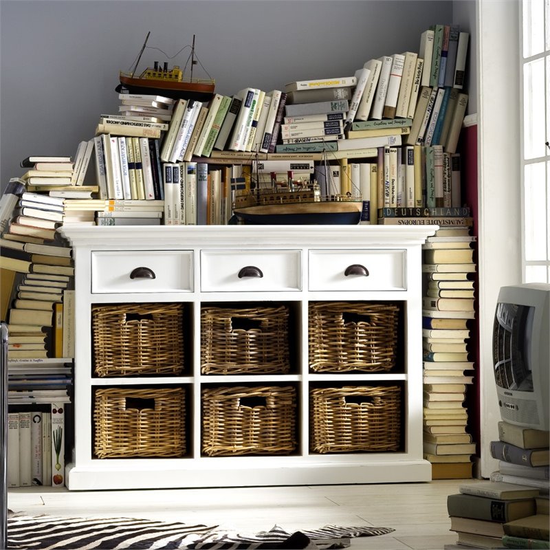 Pemberly Row Contemporary Buffet with 6 Baskets in Pure White