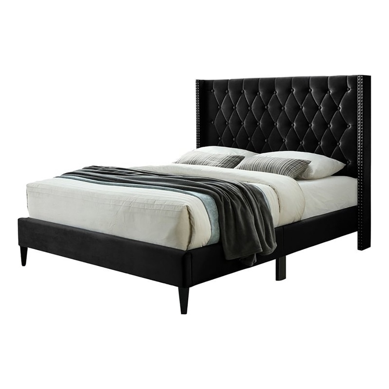 Pemberley Row Velvet Black Queen Platform Bed Rectangular Nailhead Trim Unassembled