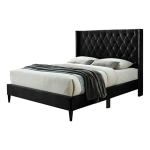 Pemberley Row Velvet Black Queen Platform Bed Rectangular Nailhead Trim Unassembled