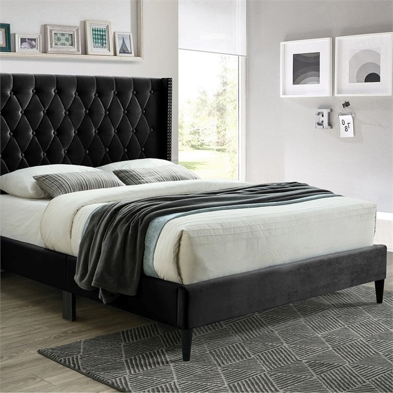 Pemberley Row Velvet Black Queen Platform Bed Rectangular Nailhead Trim Unassembled
