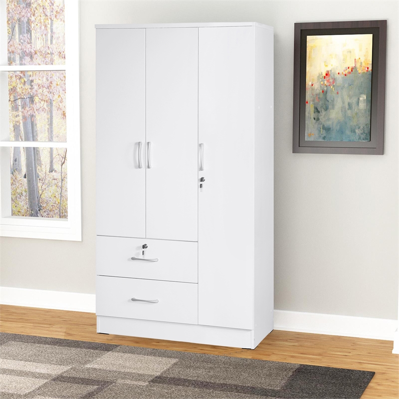 Pemberly Row Modern Wardrobe Armoire Closet with Two Drawers in White