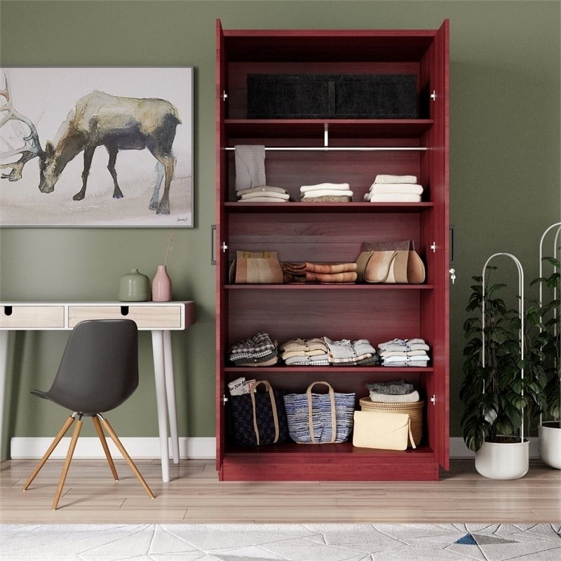 Pemberly Row Two Doors Modern Wood Armoire Wardrobe Cabinet in Mahogany