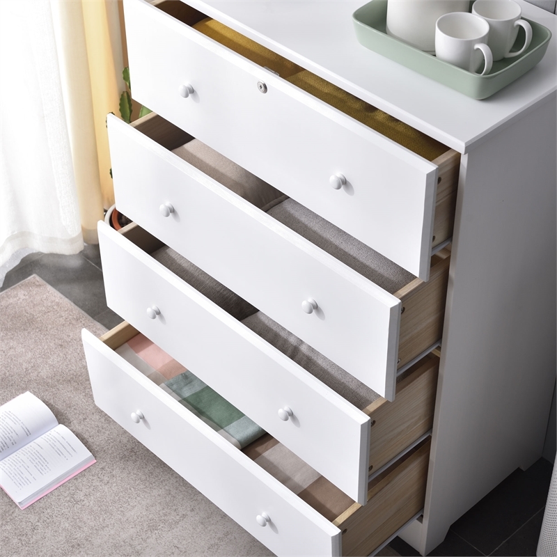 Pemberly Row Modern 4-Drawer Solid Pine Wood Chest Dresser in White