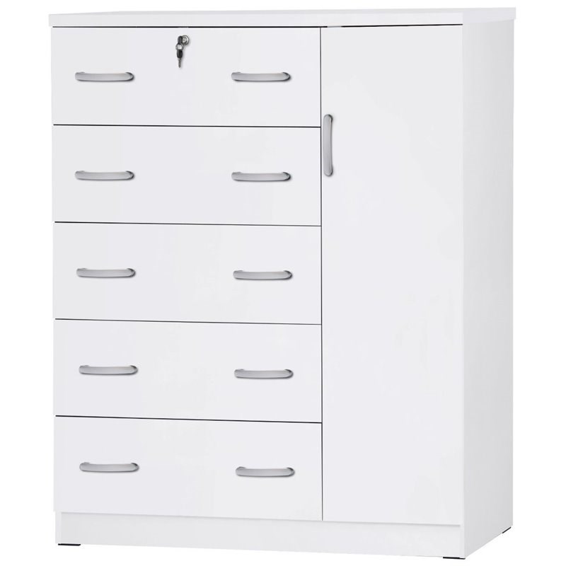 Pemberly Row Modern 5 Drawer Wooden Tall Chest Wardrobe in White