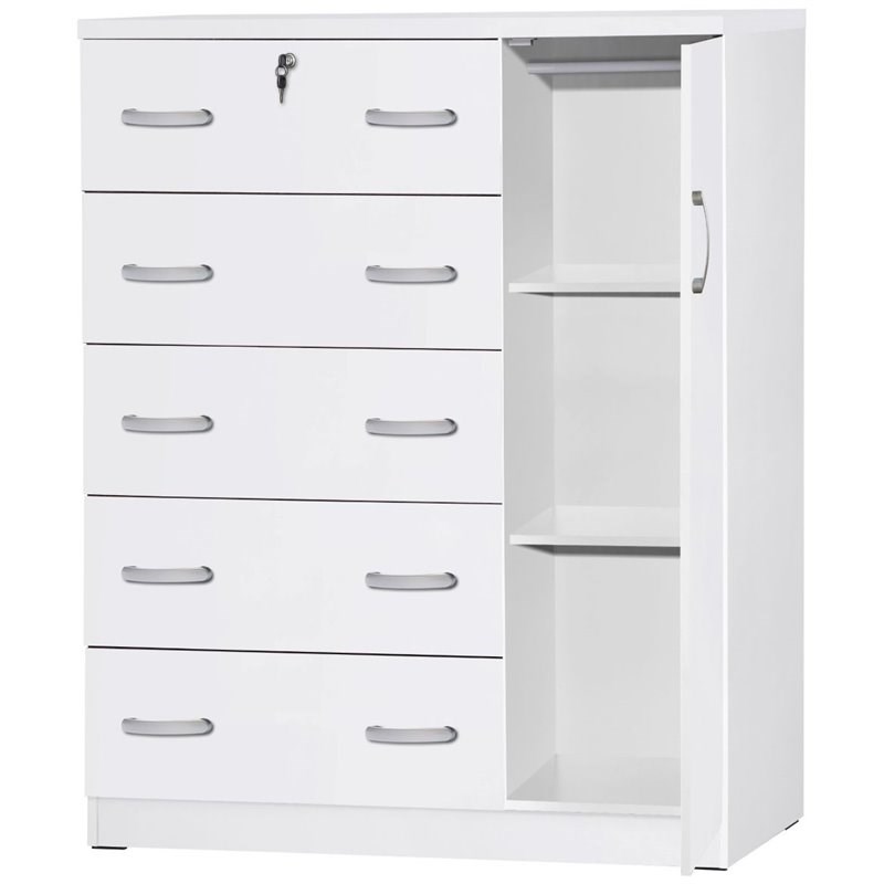 Pemberly Row Modern 5 Drawer Wooden Tall Chest Wardrobe in White