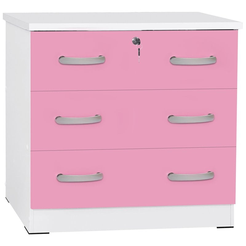 Pemberly Row Contemporary Wooden 3 Drawer Chest Bedroom Dresser in White & Pink