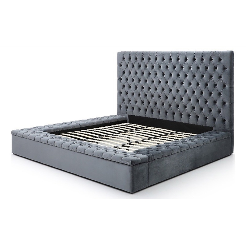 Pemberley Row Velvet Gray Platform King Bed Rectangular Button Tufted 96.75