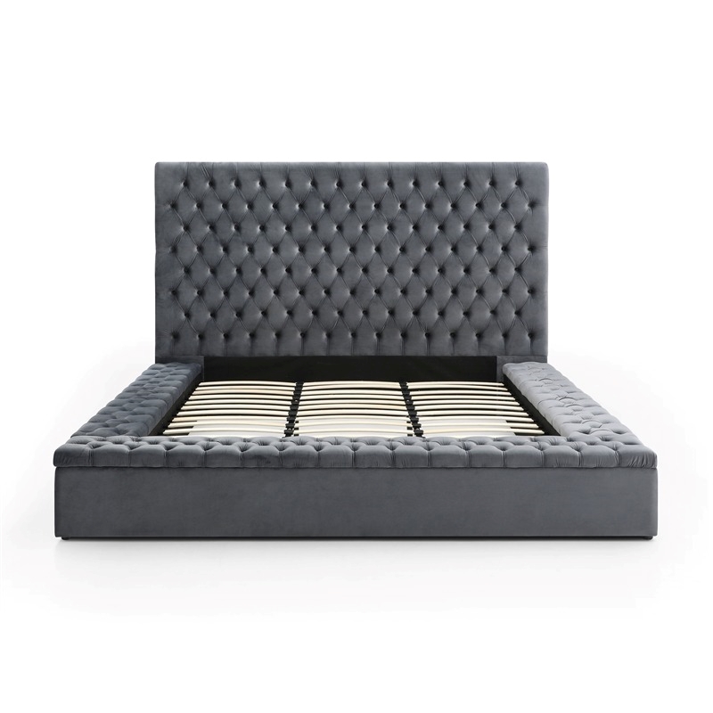 Pemberley Row Velvet Gray Platform King Bed Rectangular Button Tufted 96.75