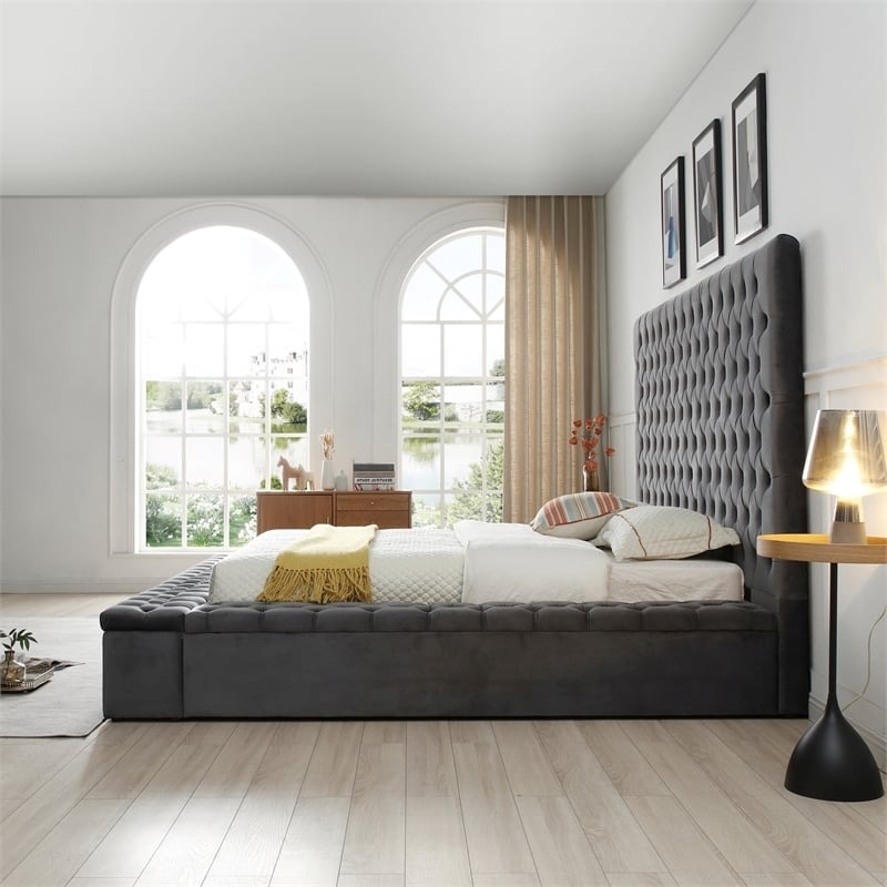 Pemberley Row Velvet Gray Platform Bed Queen Button Tufted 66