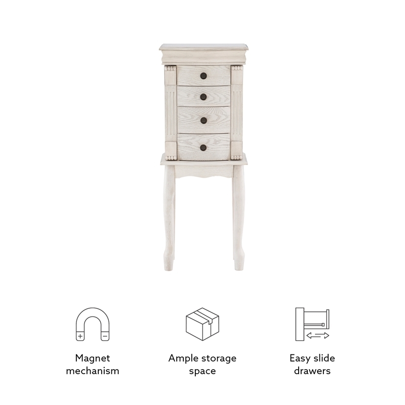 Pemberly Row 4 Drawers Transitional Wood Jewellery Armoire in Cream