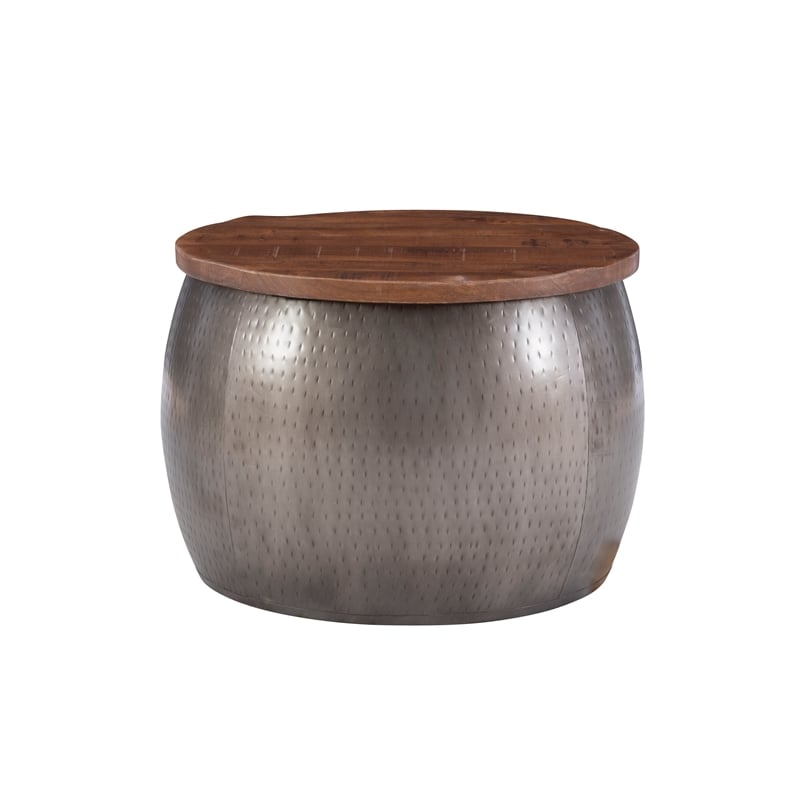 Pemberley Row Hammered Metal Pewter Drum Table Round Storage 27.5