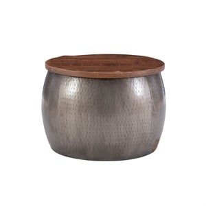 Pemberley Row Hammered Metal Pewter Drum Table Round Storage 27.5&quot Fully Assembled