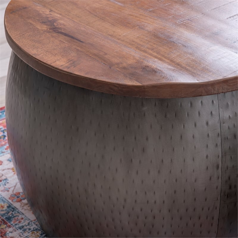Pemberley Row Hammered Metal Pewter Drum Table Round Storage 27.5
