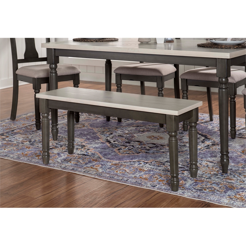 Pemberly Row Farmhouse Wood Dining Bench in Smokey White and Dark Gray