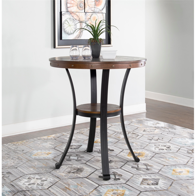 Pemberley Row Oak Veneer Rustic Umber Brown Pub Table Round Nailhead Trim 36