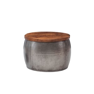 Pemberley Row Mango Wood and Hammered Metal Pewter Table Drum Shape Hidden Storage 22.5&quot Fully Assembled