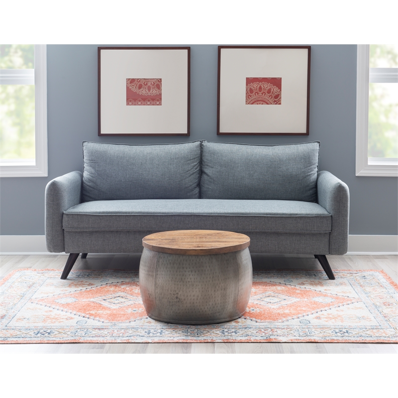 Pemberley Row Mango Wood and Hammered Metal Pewter Table Drum Shape Hidden Storage 22.5