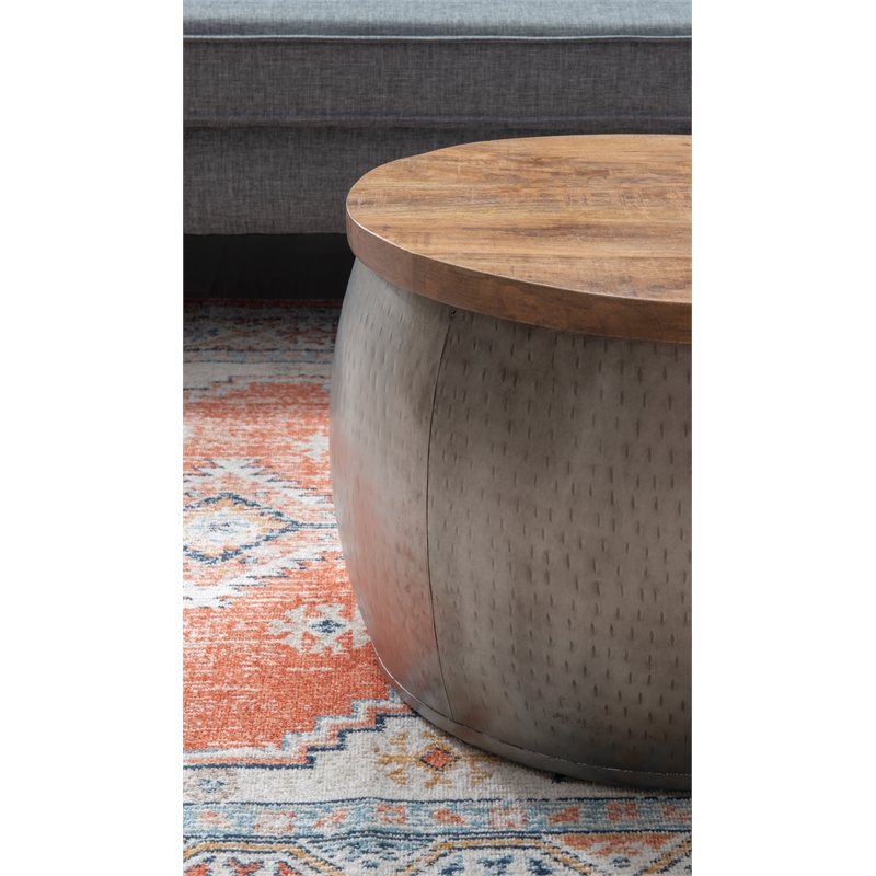 Pemberley Row Mango Wood and Hammered Metal Pewter Table Drum Shape Hidden Storage 22.5
