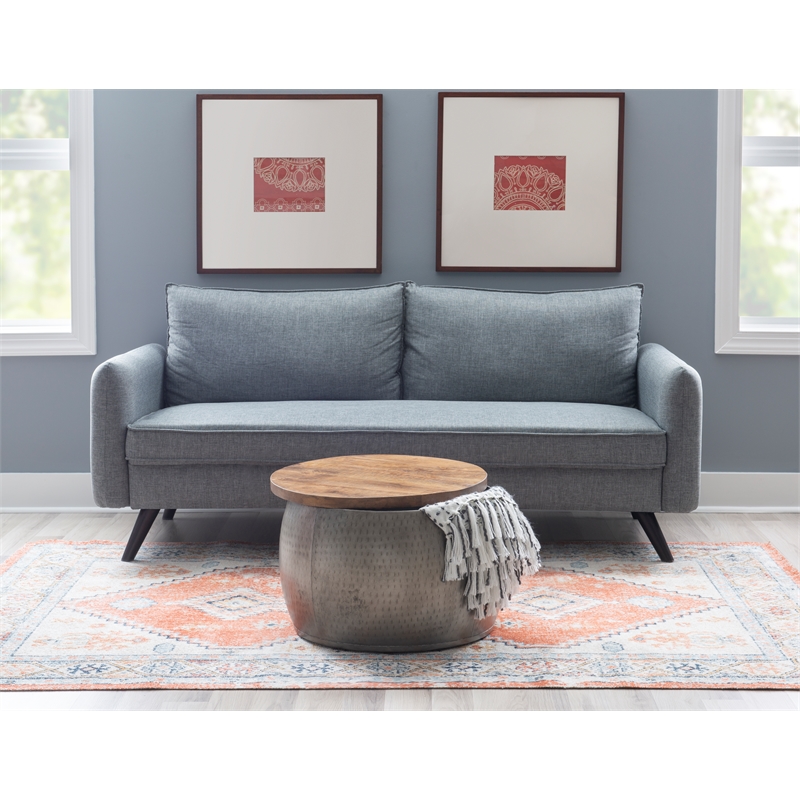 Pemberley Row Mango Wood and Hammered Metal Pewter Table Drum Shape Hidden Storage 22.5