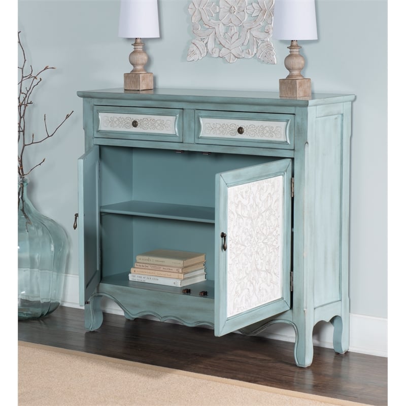 Pemberly Row Traditional Wood Storage Cabinet Console in Antiqued Blue and White