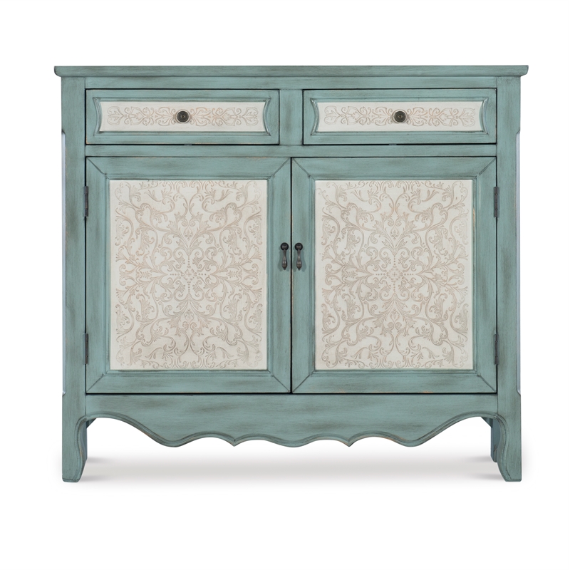 Pemberly Row Traditional Wood Storage Cabinet Console in Antiqued Blue and White