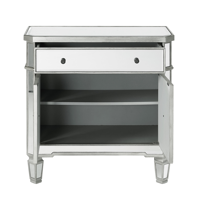 Pemberly Row Modern Mirrored Solid Wood One Drawer Console Table in Gray