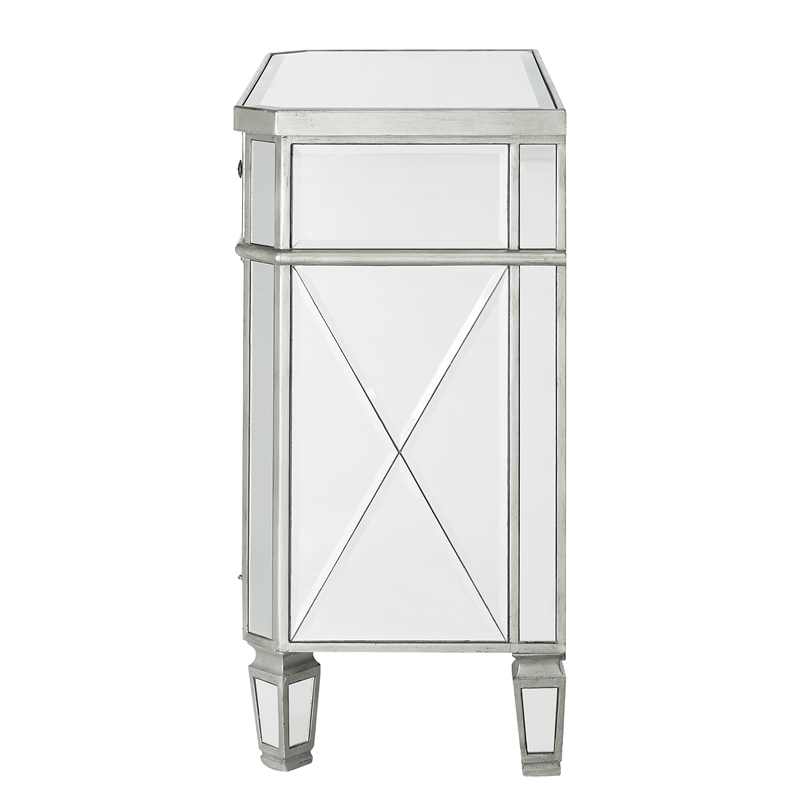Pemberly Row Modern Mirrored Solid Wood One Drawer Console Table in Gray