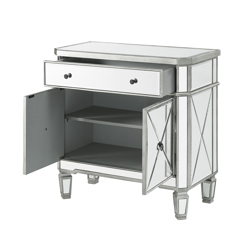 Pemberly Row Modern Mirrored Solid Wood One Drawer Console Table in Gray