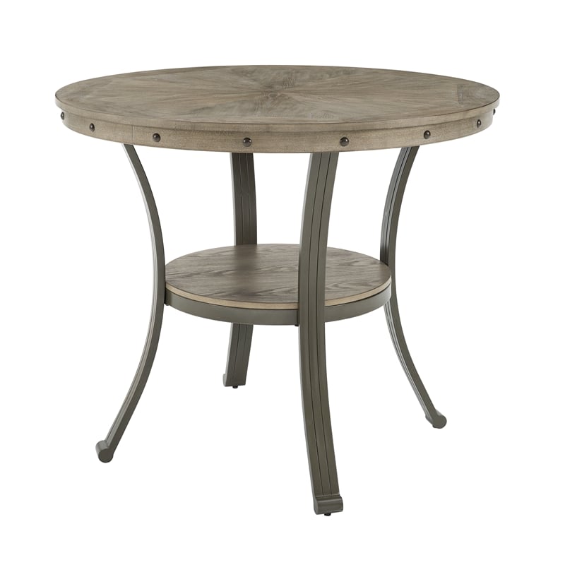 Pemberley Row Metal and Wood Pewter Pub Table Round Lower Storage Shelf 42