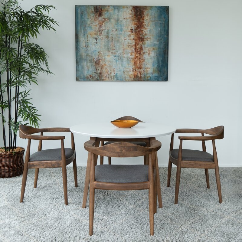 Pemberly Row 5-Piece Mid-Century Dining Set White Table Gray Fabric Chairs