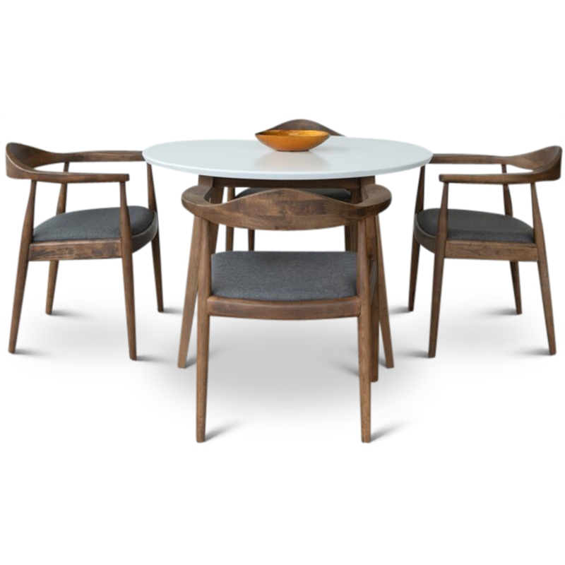Pemberly Row 5-Piece Mid-Century Dining Set White Table Gray Fabric Chairs
