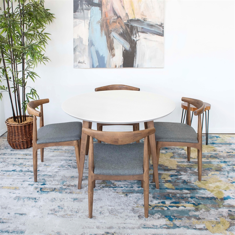 Pemberly Row 5-Piece Mid-Century Dining Set White Round Table and Gray Chairs