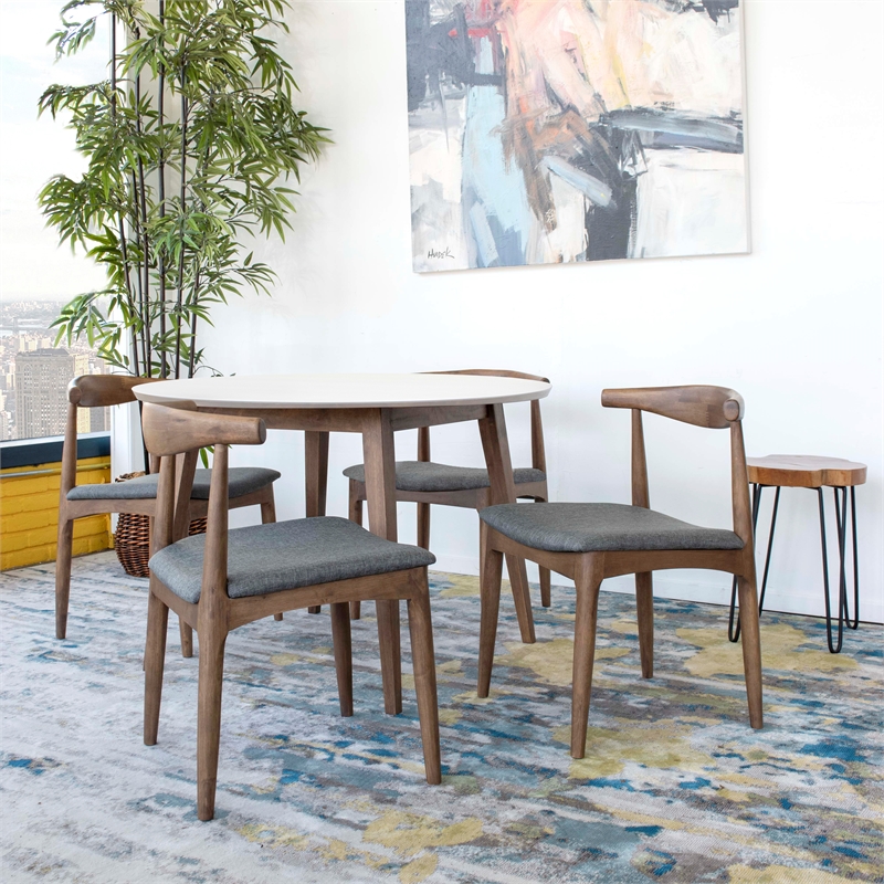 Pemberly Row 5-Piece Mid-Century Dining Set White Round Table and Gray Chairs