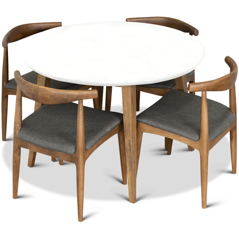 Pemberly Row 5-Piece Mid-Century Dining Set White Round Table and Gray Chairs