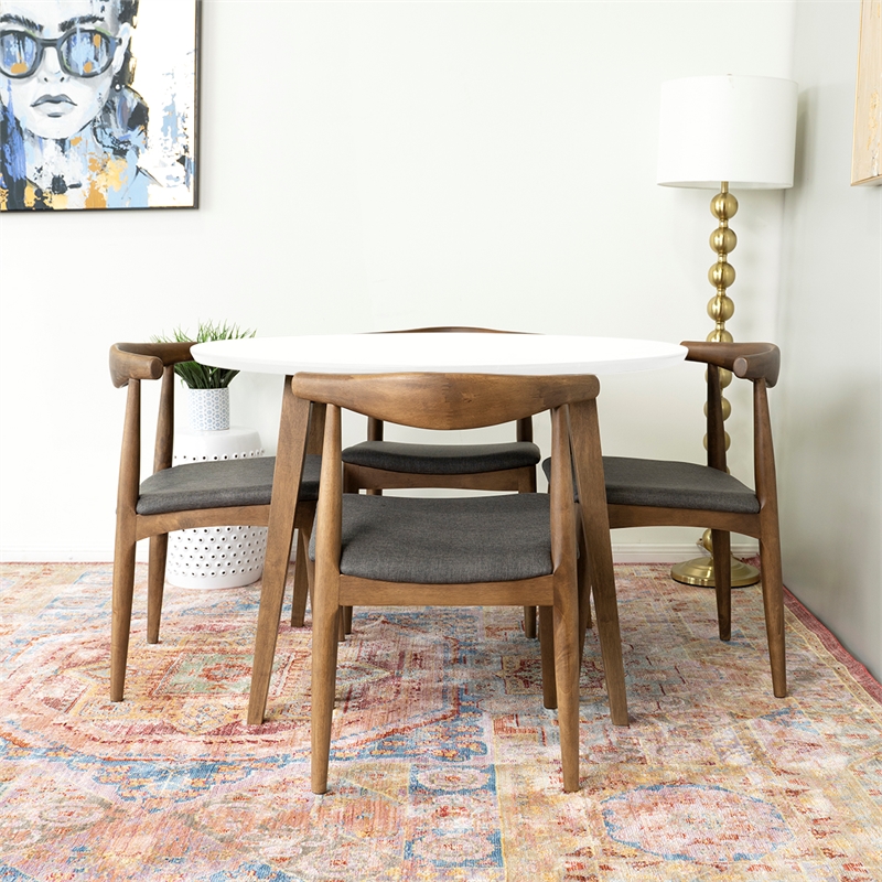 Pemberly Row 5-Piece Mid-Century Dining Set White Round Table and Gray Chairs