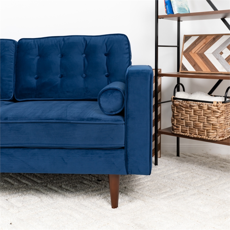 Pemberly Row Mid-Century Pillow Back Velvet Loveseat in Blue