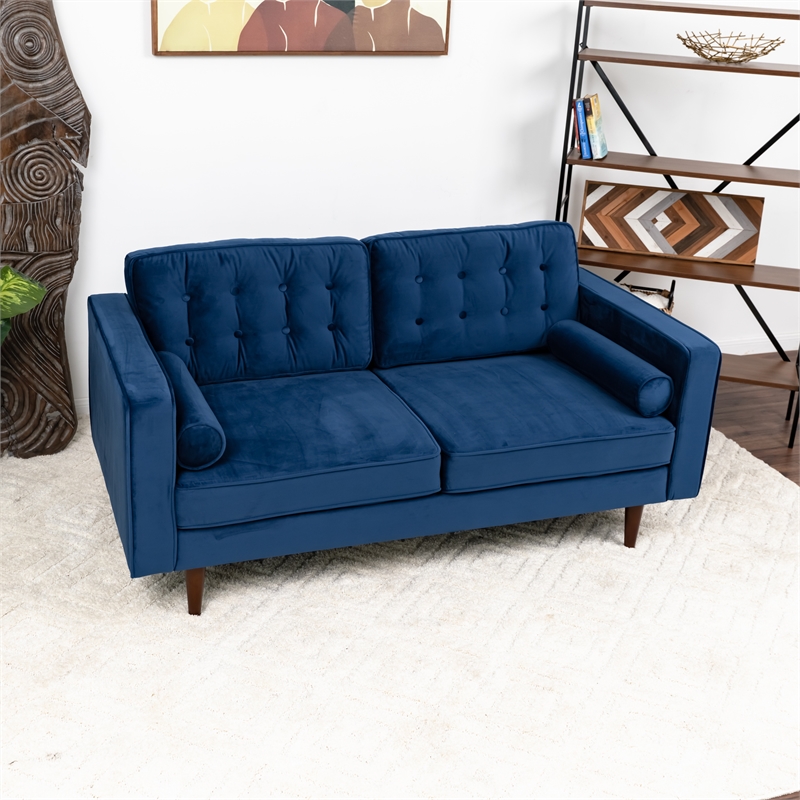 Pemberly Row Mid-Century Pillow Back Velvet Loveseat in Blue