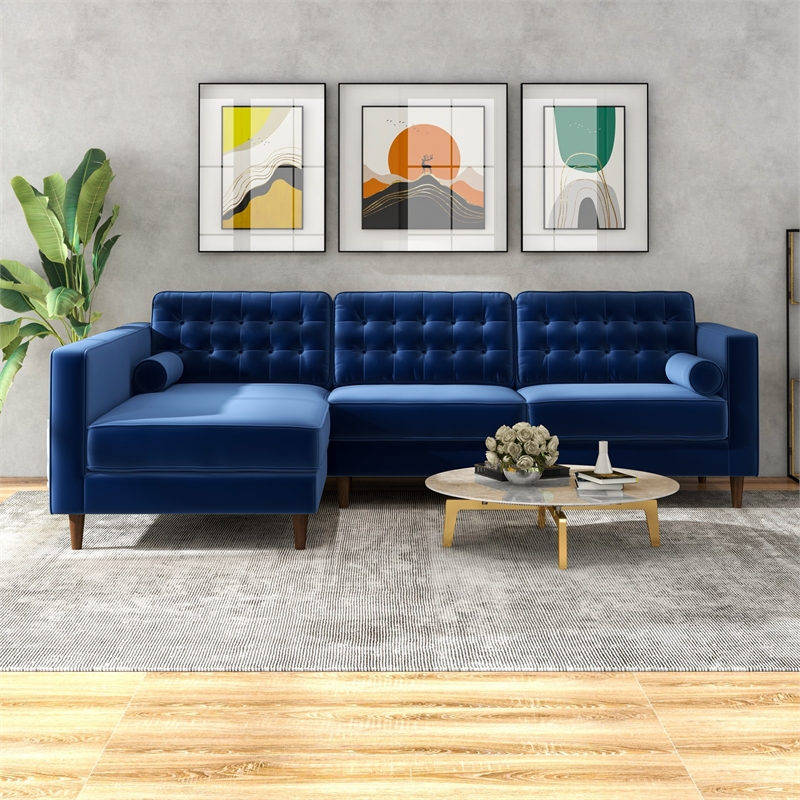 Pemberly Row Mid-Century L-Shaped Velvet Left-Facing Sectional in Blue