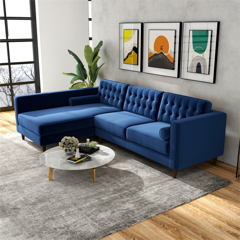 Pemberly Row Mid-Century L-Shaped Velvet Left-Facing Sectional in Blue