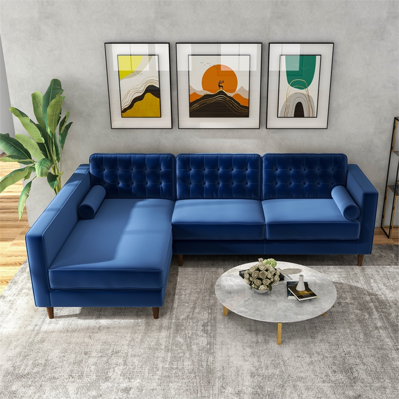 Pemberly Row Mid-Century L-Shaped Velvet Left-Facing Sectional in Blue