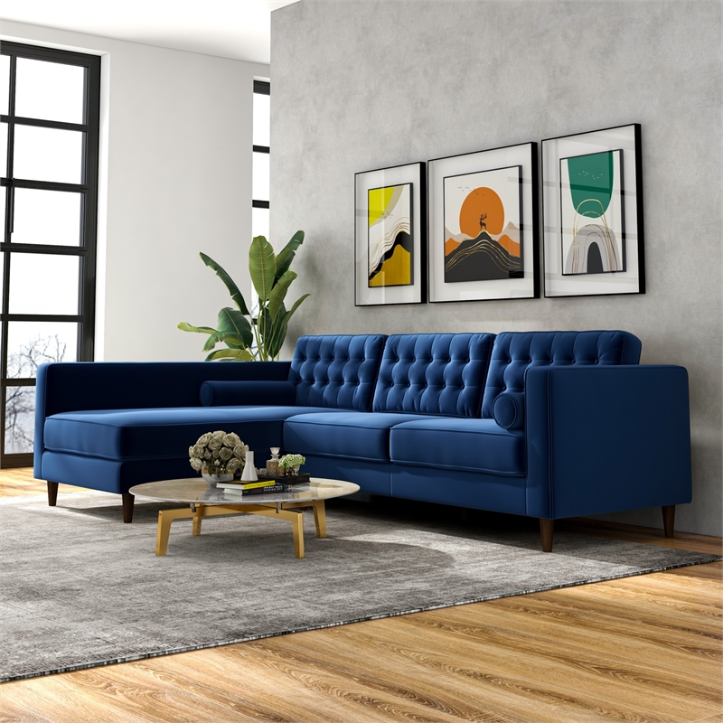 Pemberly Row Mid-Century L-Shaped Velvet Left-Facing Sectional in Blue
