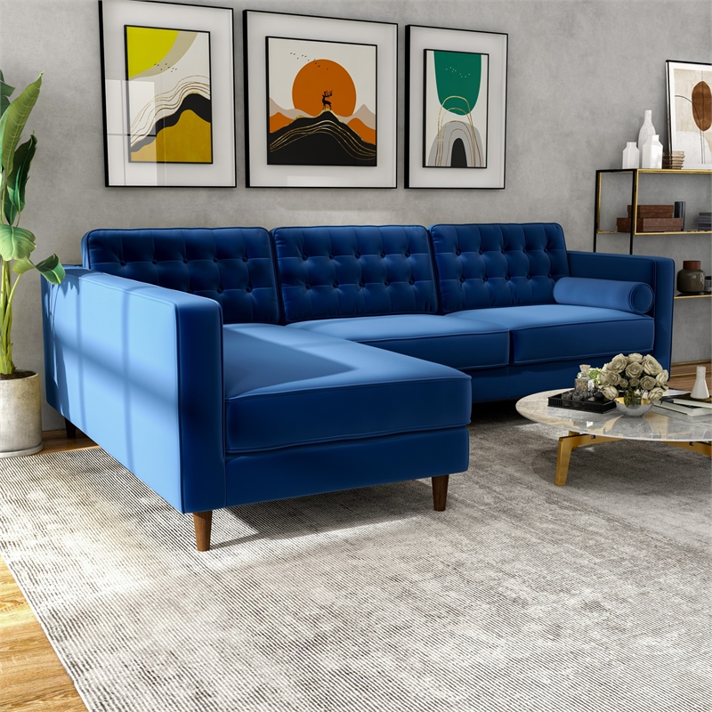 Pemberly Row Mid-Century L-Shaped Velvet Left-Facing Sectional in Blue