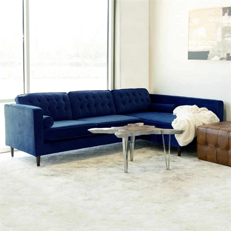 Pemberly Row Mid-Century Velvet L-Shaped Right-Facing Sectional in Blue