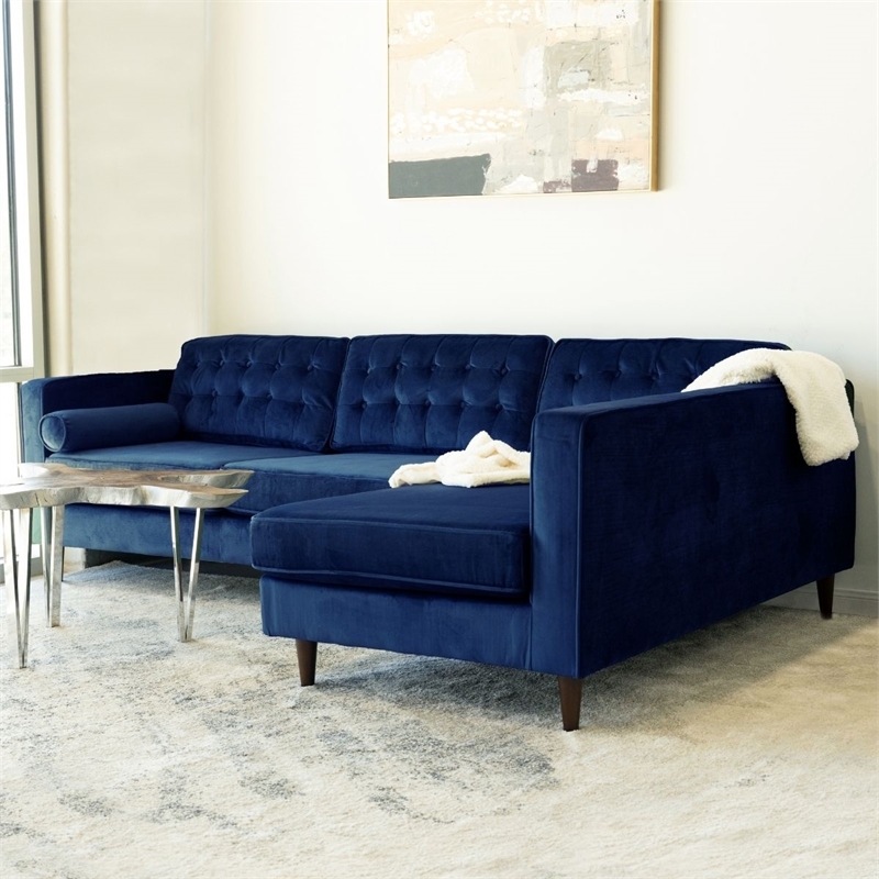 Pemberly Row Mid-Century Velvet L-Shaped Right-Facing Sectional in Blue
