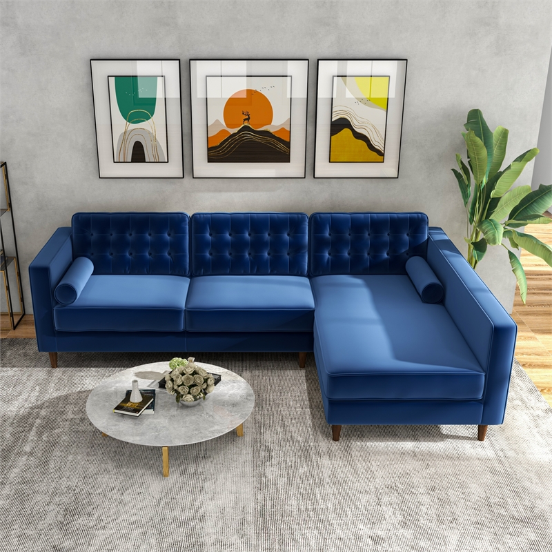 Pemberly Row Mid-Century Velvet L-Shaped Right-Facing Sectional in Blue