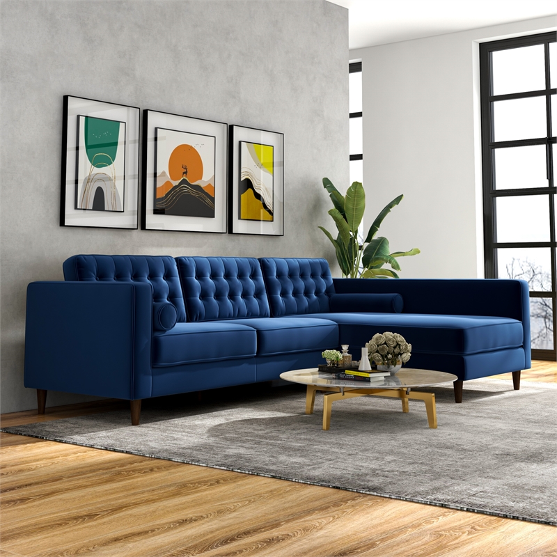 Pemberly Row Mid-Century Velvet L-Shaped Right-Facing Sectional in Blue