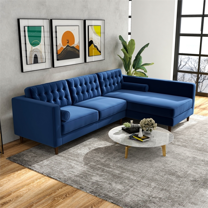 Pemberly Row Mid-Century Velvet L-Shaped Right-Facing Sectional in Blue