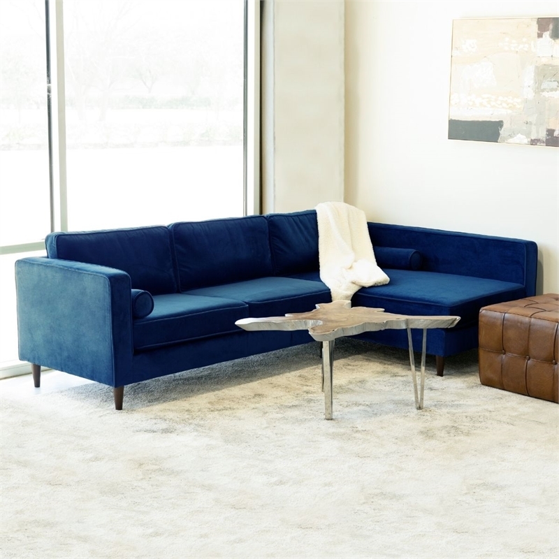 Pemberly Row Mid-Century Velvet L-Shaped Right-Facing Sectional in Blue