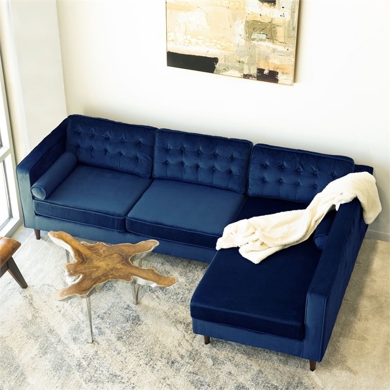 Pemberly Row Mid-Century Velvet L-Shaped Right-Facing Sectional in Blue